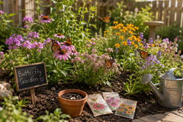 Butterfly garden grown from seed with colorful flowers attracting butterflies