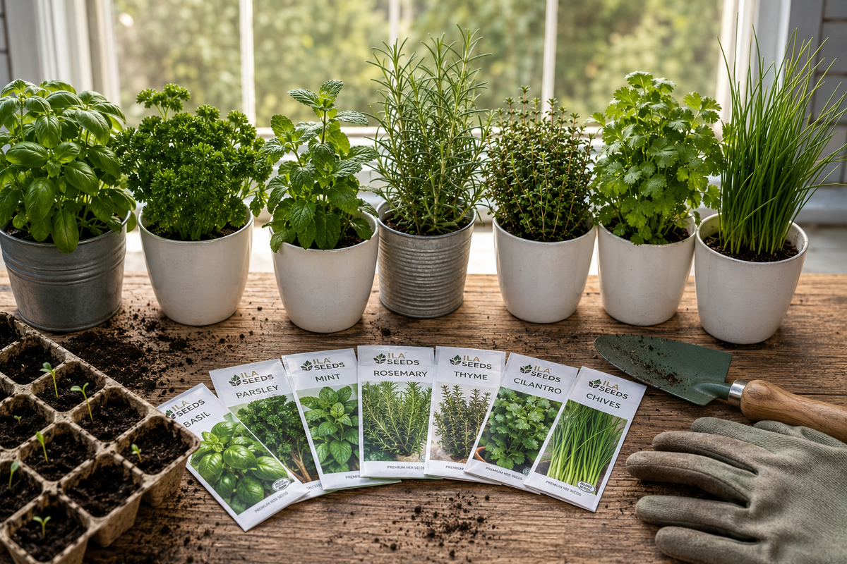 Healthy home herb garden with basil, mint, parsley, cilantro, thyme, oregano, dill, and chives growing from seed in natural sunlight on a backyard patio.