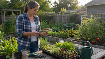 Gardener comparing seed packets with healthy vegetable seedlings growing outdoors in a natural home garden, choosing the right seeds for local climate conditions.