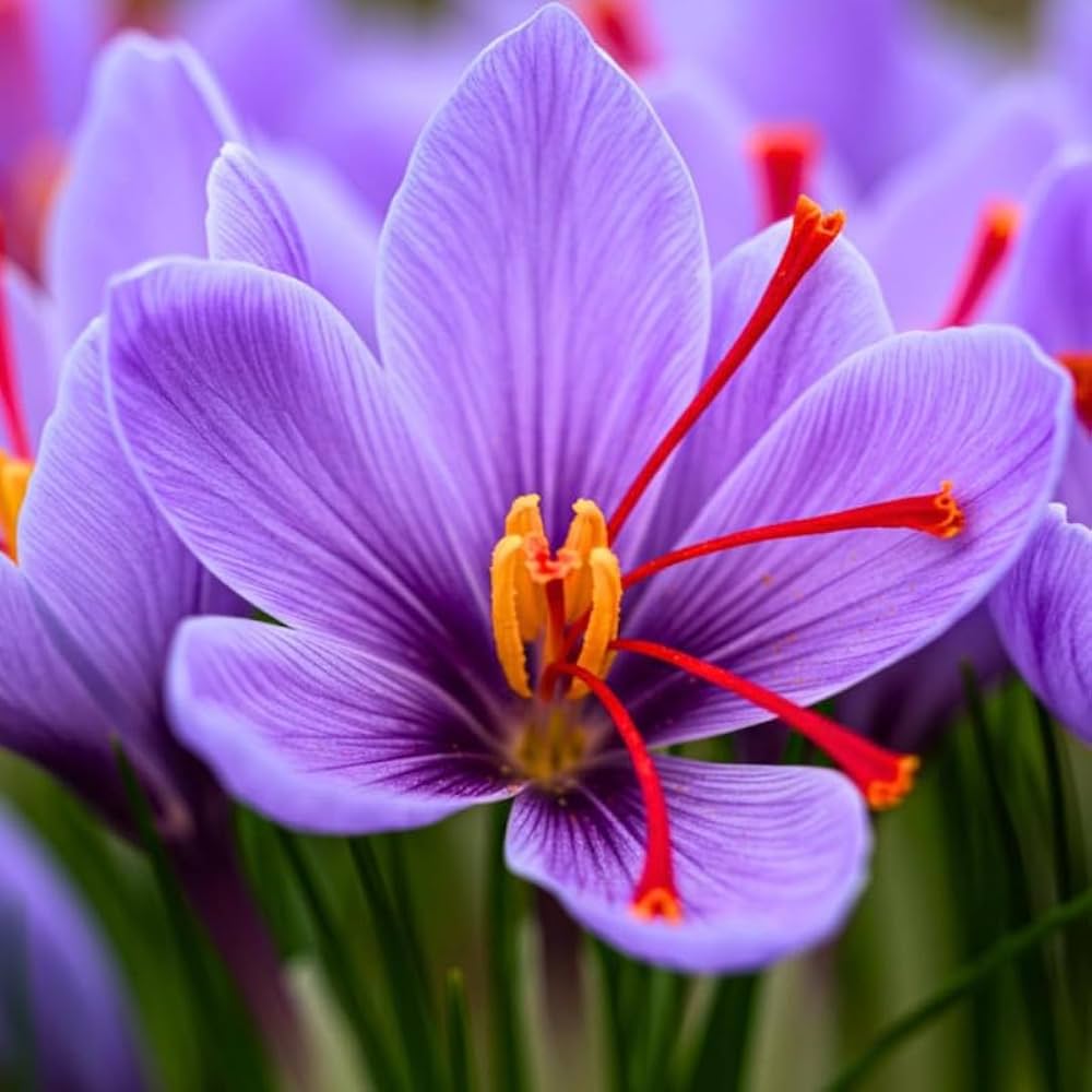 Purple saffron flowers growing in a decorative container.