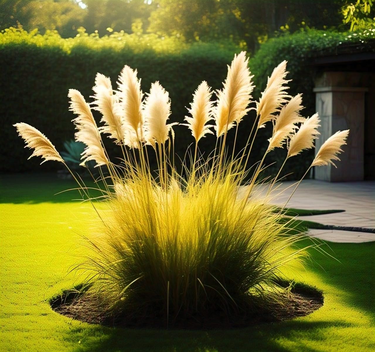 Pampas grass in a garden setting with sunlight filtering through.