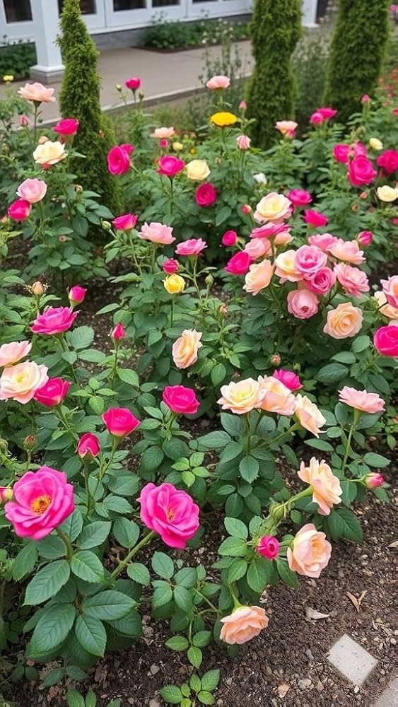 Hardy perennial rose with colorful flowers growing outdoors
