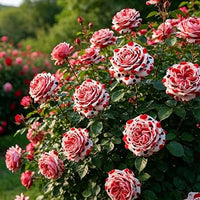 Hardy rose rhizome growing into a flowering garden plant
