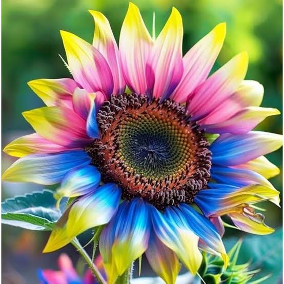 Colorful rainbow sunflower blooms in a decorative garden flower bed
