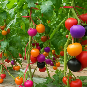 Mixed rainbow heirloom tomato seeds for planting with colorful tomato varieties.