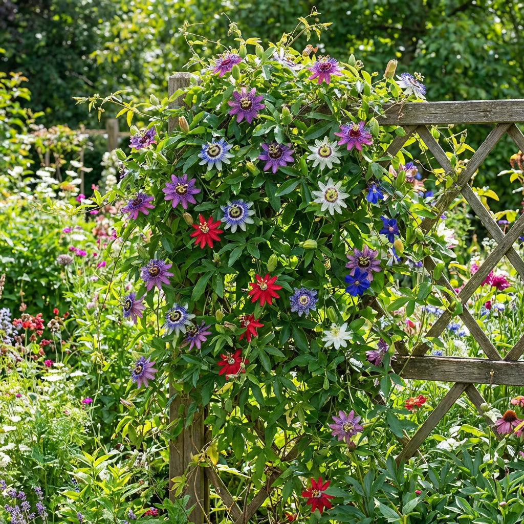 Passion Flower vine growing on a garden trellis with colorful blooms