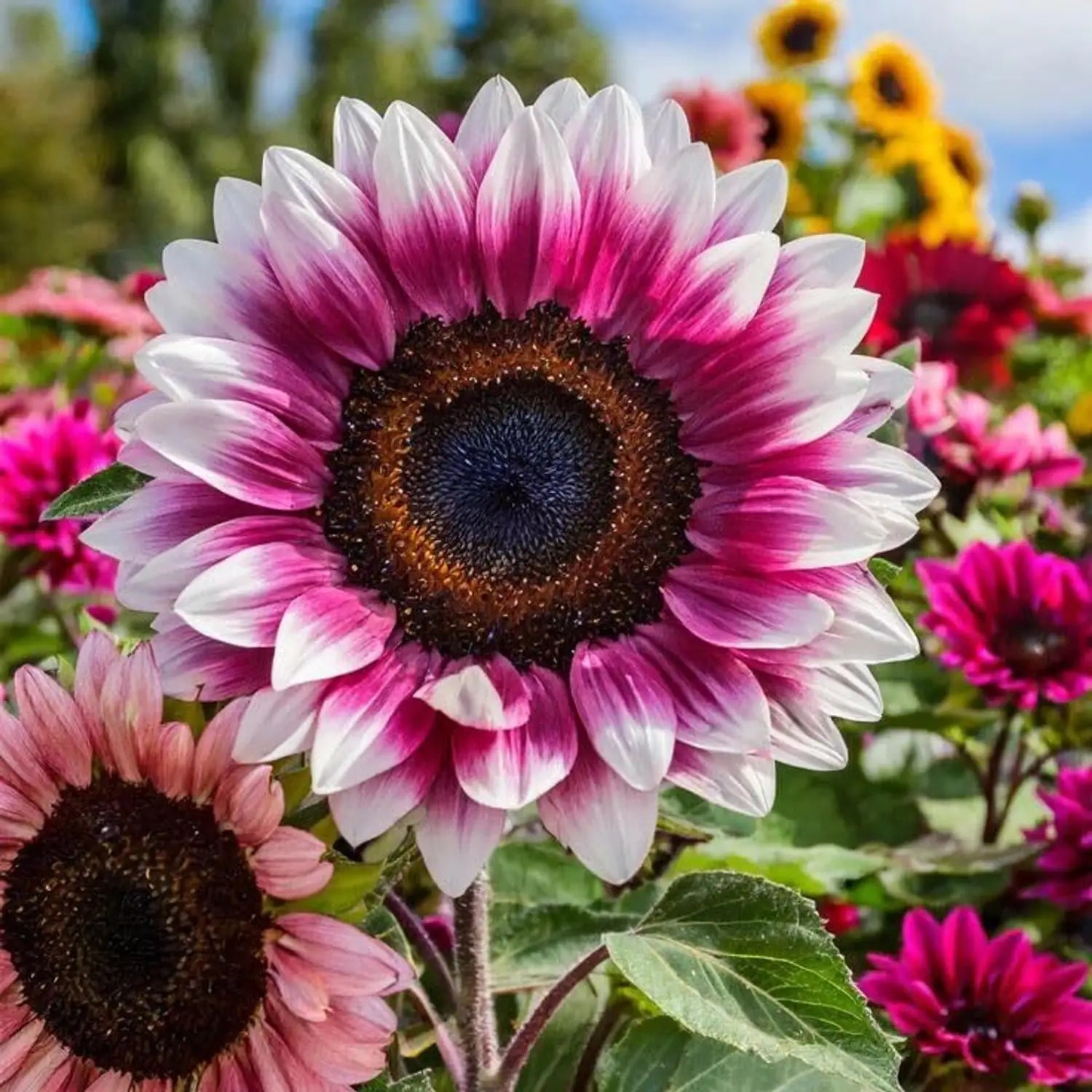 Rainbow sunflower plant growing in an outdoor container with vibrant blooms