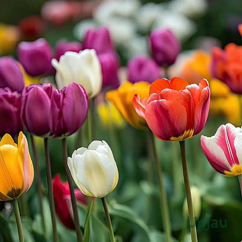 Tulip flowers growing in decorative containers on a balcony.