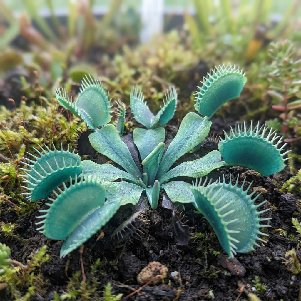 Ornamental Blue Green Venus Flytrap growing in a pot with vibrant green foliage