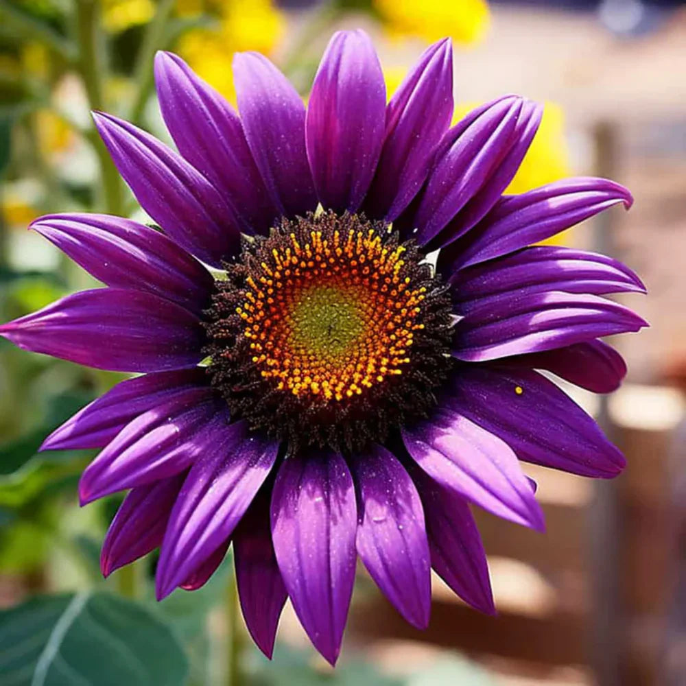 Rare purple sunflower blooms adding color to a landscape border.