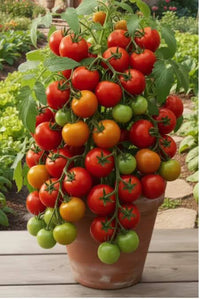 Healthy tomato plants growing in raised garden beds and containers




