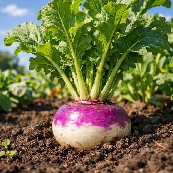 Turnip plants growing with fresh green leaves in fertile garden soil.

