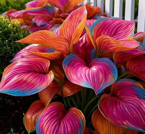 Assorted Hosta perennial plants with decorative green and variegated leaves
