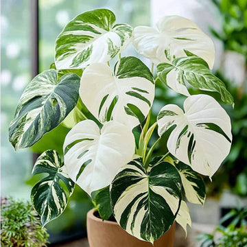 Variegated Monstera Mint plant with white and green leaves